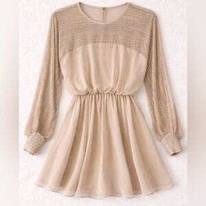 ASOS Design Beaded Chiffon Mini Dress US 4 Beige Taupe Sheer Sleeve Wedding